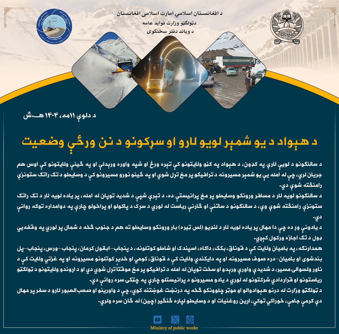 د هېواد د یو شمېر لویو لارو او سړکونو د نن ورځې وضعیت